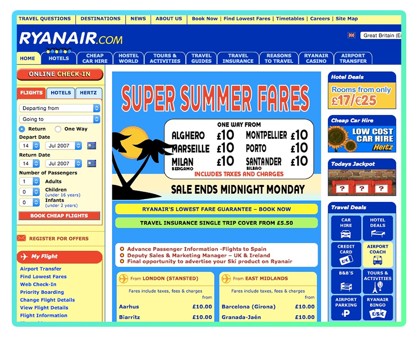 Screenshot of old Ryanair website