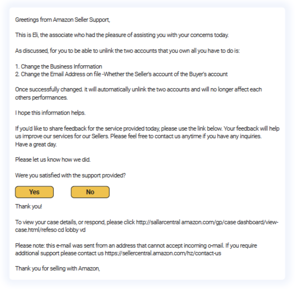 Amazon support email instructing how to unlink accounts