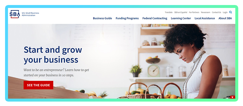 Screenshot from the SBA.gov website, saying "Start and grow your business" with a photo of a woman in the background working on her products. 