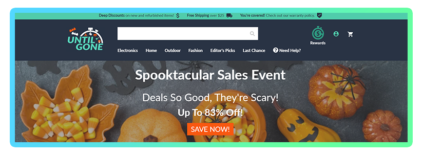 Screenshot of the UntilGone website. It features a Spooktacular Sales Event for the Halloween holiday, with images of orange leaves and candy corn in the background. 